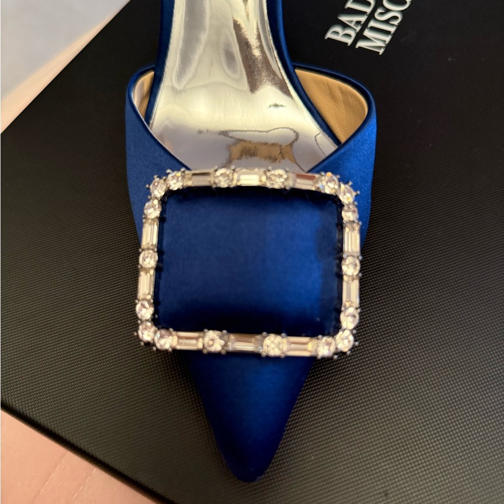 Badgley Mischka Sapphire Blue Satin Pointed Mule with Crystal Buckle